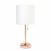 Creekwood Home Oslo 19.5in Contemporary Power Outlet Base Metal Table Lamp, Rose Gold, White Drum Fabric Shade CWT-2010-RG